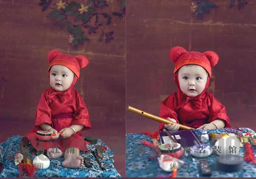  2019 New Zhua Zhou Red Hanfu Kids Costume Little Boy Baby Birthday Photo Costume for boy 90cm H