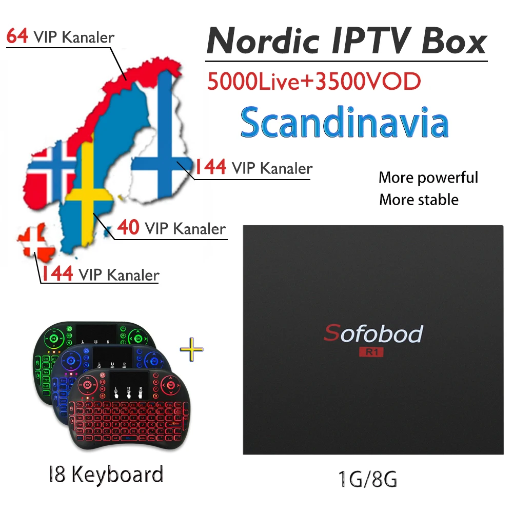 

SOFOBOD R1 Android 7.1 TV Box+Scandinavian IPTV Nordic Sweden Israel Norway Finland Holland IPTV Subscription H.265 4K WiFi Box