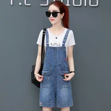 Летние новые корейские джинсовые нагрудники женские с высокой талией с несколькими карманами широкие шорты модные цельные джинсы джинсовые комбинезоны, шорты