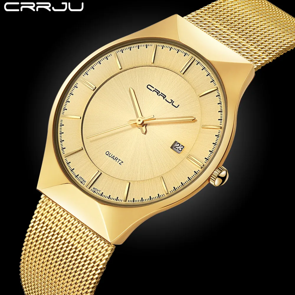 

CRRJU Brand golden ultra slim Top thin Quartz-Watch Men Casual Business Watch JAPAN Analog Men Relogio Masculino with gift box