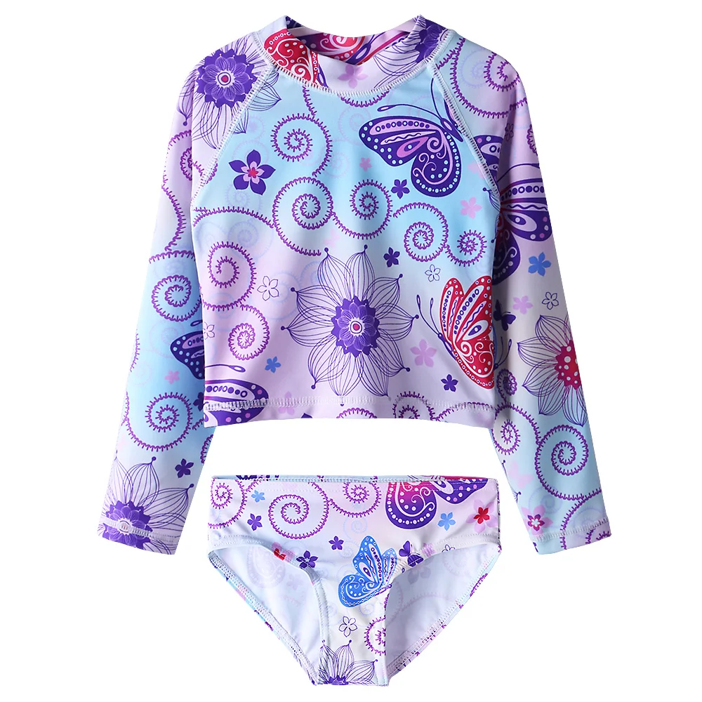 

BAOHULU Cute Butterfly Pattern Swimsuit Girls Summer 2018 Long Sleeve Children's Set Beachwear Sports Swim Suit Bathing Suits