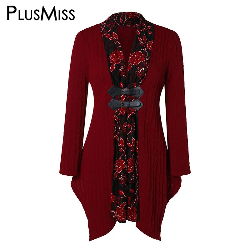 

PlusMiss Plus Size 5XL Floral Print Red Asymmetrical Cardigan Women Irregular Kimono Long Sleeve Coat Large Size XXXXL XXXL XXL