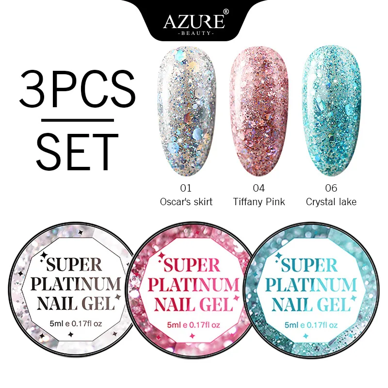 Лак для ногтей AZURE BEAUTY 3 шт./лот блестящий Платиновый лак Блестящий цветной гель