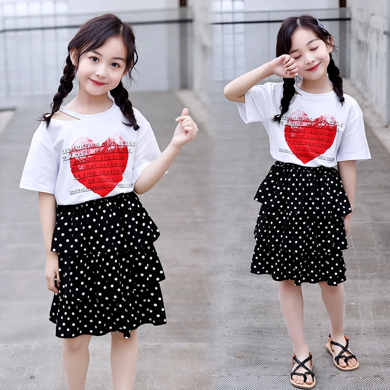 

2019 New Summer Kids/baby Girls Clothes Set Teenage Clothing Toddler/kids Outfits White Shirt + Dot Skirt 7 10 12 13 Cocuk Giyim