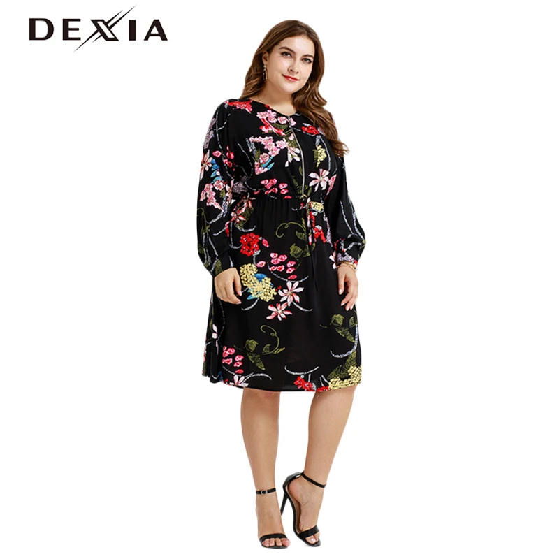 

DEXIA Beach Sashes Flower Printed Casual Women Dress Full Sleevel Plus Size 3XL Women Party Vadim Floral Zipper Jurk FX180003