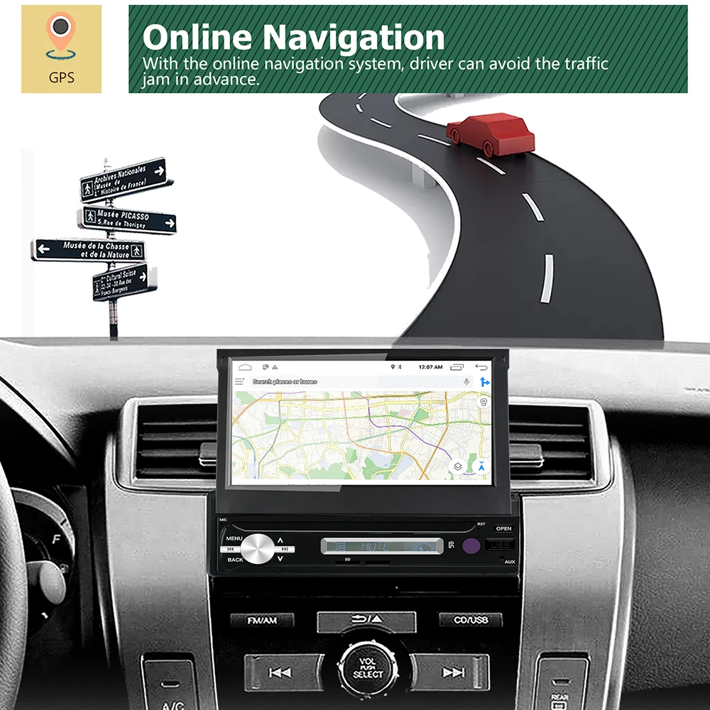 Perfect Android 8.0 Quad Core 2G1G Universal 1Din 7" TFT Motorized Display Car Multimedia Stereo GPS Navigation Radio Bluetooth RDS DAB+ 9