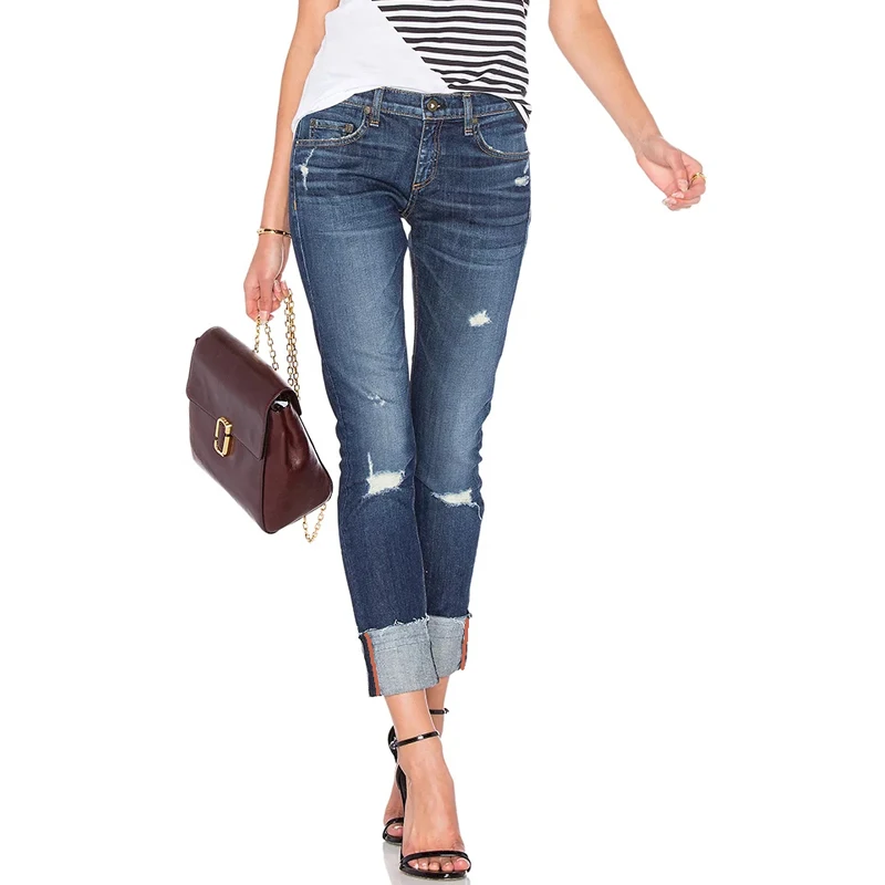 Women Mid Waist Turn up Cuffs Straight Leg Jeans With Raw Hem