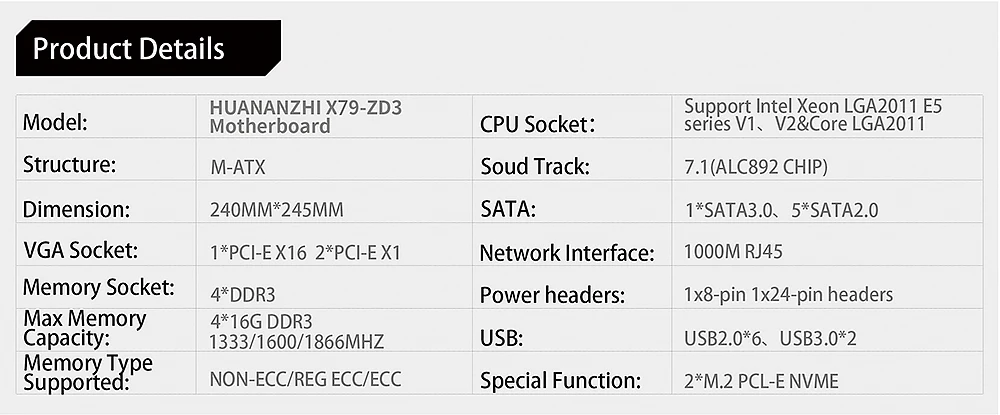 Комплект материнской платы huanan Zhi X79 X79-ZD3 M.2 NVME MATX с процессором Intel Xeon E5 2689 2,6 ГГц 2*8 ГБ(16 Гб) DDR3 1600 МГц ECC/REG ram