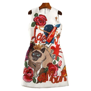 

Spring Summer Dress 2020 High Quality Women Runway Dresses Jacquard O-Neck Sleeveless Printed Beading Mini Dress SAD838N