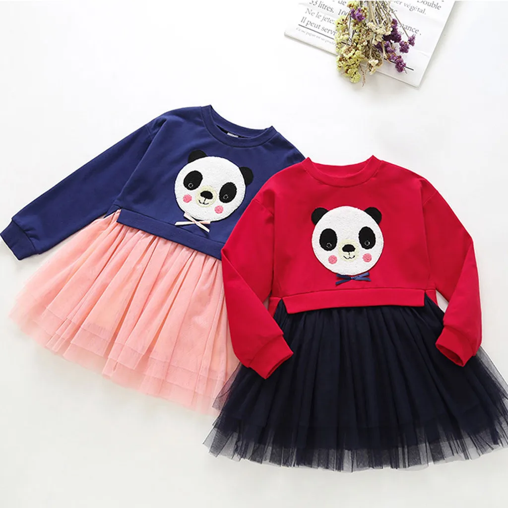 

Toddler Kids Baby Girl Cartoon Panda Princess Lace Dress Outfits Clothes baptism Children Clothes Birthday Baby Girls Dress 2019