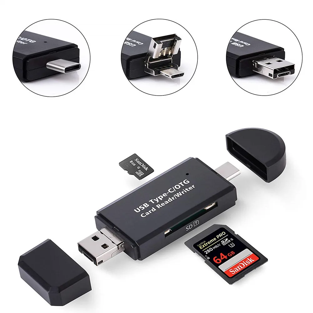 3 в 1 Micro USB к USB-C OTG карта адаптер USB 2,0 Устройство чтения карт памяти SDXC, SDHC, SD, Micro SD, Micro SDXC, Micro SDHC