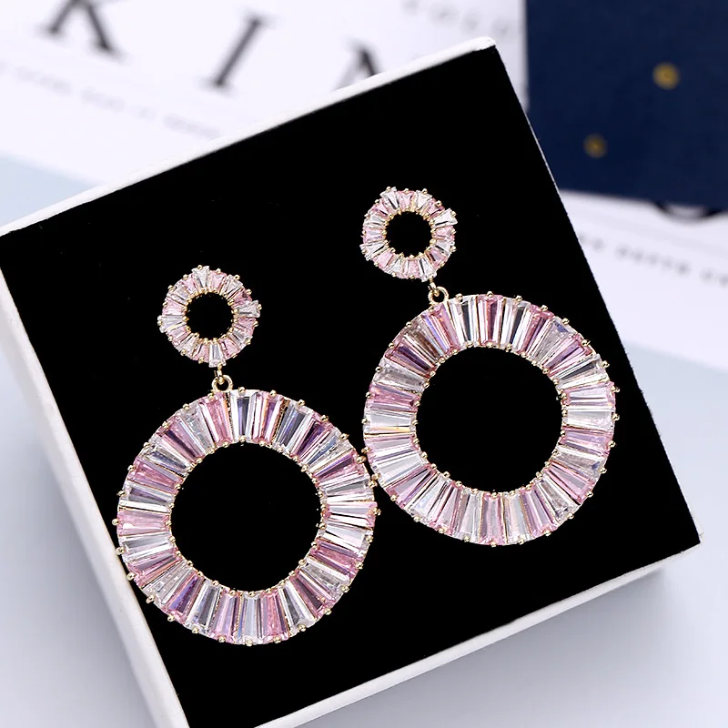 

SWOUR New Fashion Jewelry S925 Silver Needle Round Double Circles Pink Crystal Simple Design Dangle Earrings For Women S413