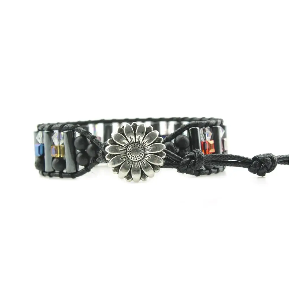 

Boho Bracelet Unique Hematite Stone Single Leather Wrap Bracelets Wholesale Handmade Bohemian Weaving Bracelet Dropshipping