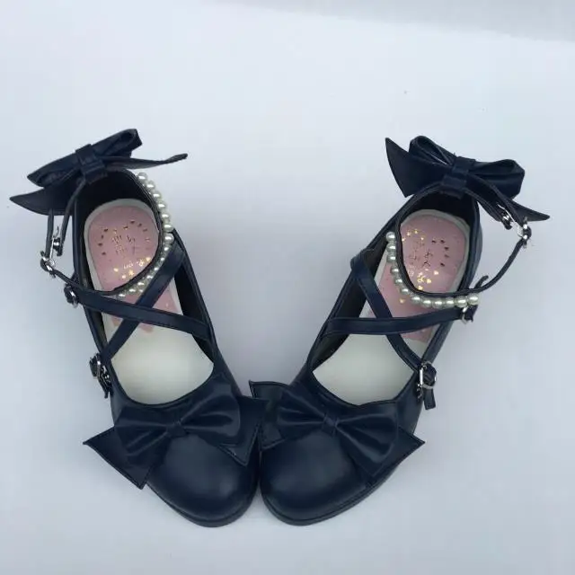 Womens-Shiny-Black-Silver-Sequin-Pumps-Bow-Strap-Cross-Pearl-Ankle-Strap-Princess-Lolita-Shoes-Custom-Tailor-Available- 39