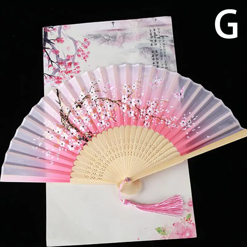 Китайский стиль винтажный Шелковый цветочный принт складной Ручной Веер полый резной веер для мероприятий и вечеринок - Цвет: 7