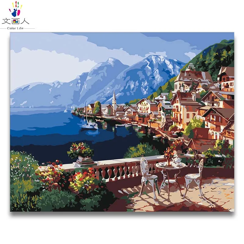 

Seascape Small town DIY oil painting pictures by numbers with kits,Sunset Glacier landscape art picture coloring by numbers