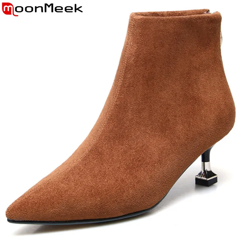 

MoonMeek 2020 hot sale new autumn winter boots pointed toe zip suede leather boots elegant high heels ladies prom ankle boots