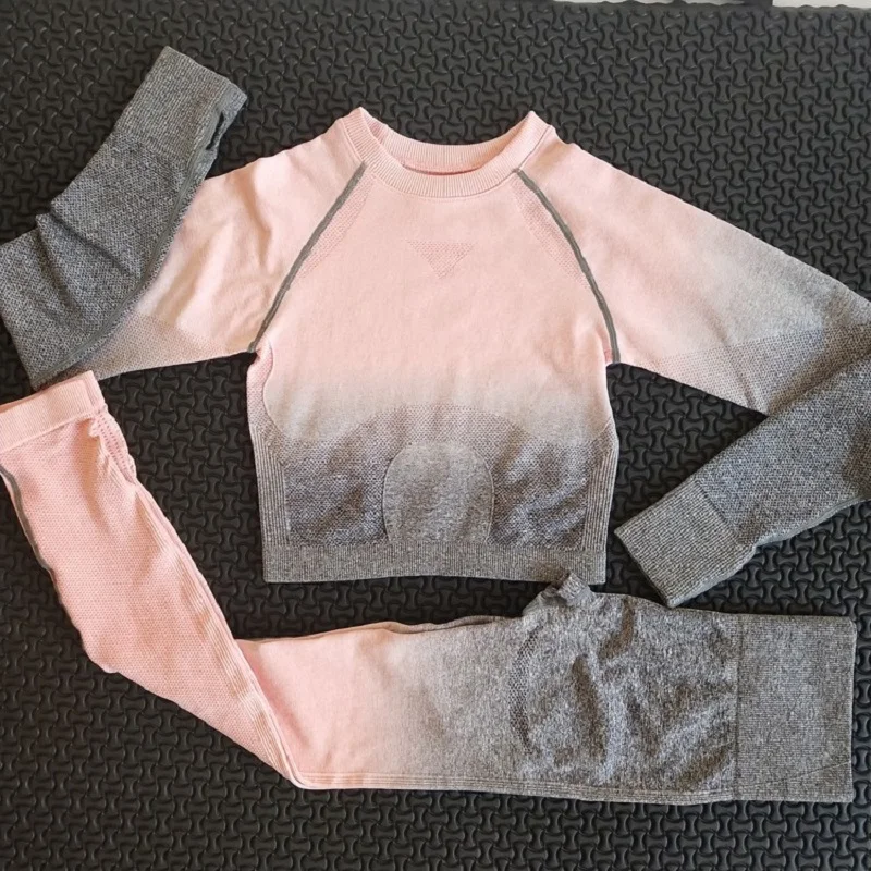 Meilleur 2 pièces gym ensemble femmes ombre sans couture entraînement ensemble yoga ensembles femmes gym vêtements à manches longues fitness vêtements ensemble de vêtements de sport