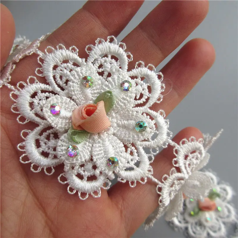 

10x White 5.5x5.5cm Polyester Flower Rhinestones Embroidered Lace Trim Ribbon Sewing Supplies Craft For Costumes Decoration