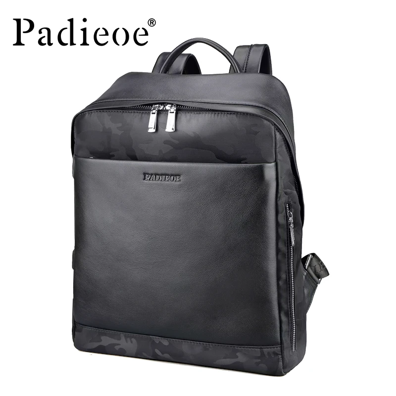Padieoe 2018 New Design Fashion Casual Men Backpack High Quality Genuine Leather Solid Black School Rucksack Stylish Backpack