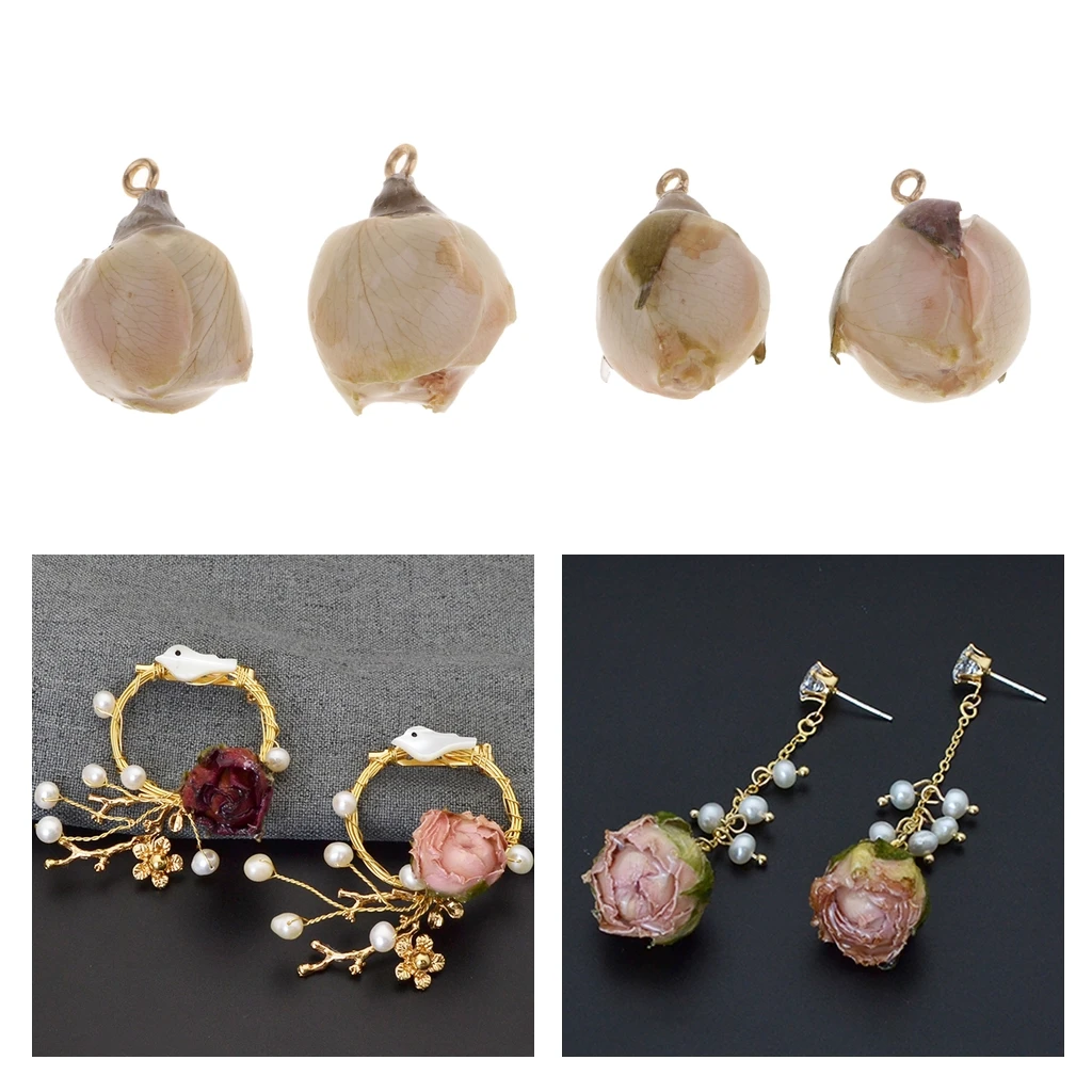 2 Pieces Dried Rose Flowers Charms with Liquid Resin Covered and Loop for DIY Earrings Pendant Jewelry Making Findings