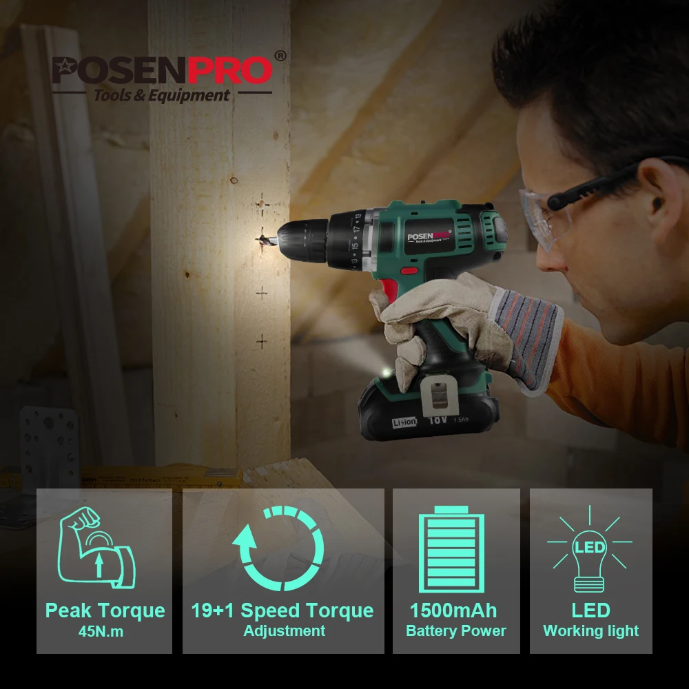 POSENPRO 18В 45нм DC литий ионный аккумулятор 3/8 дюйма 2 скоростная Электрическая