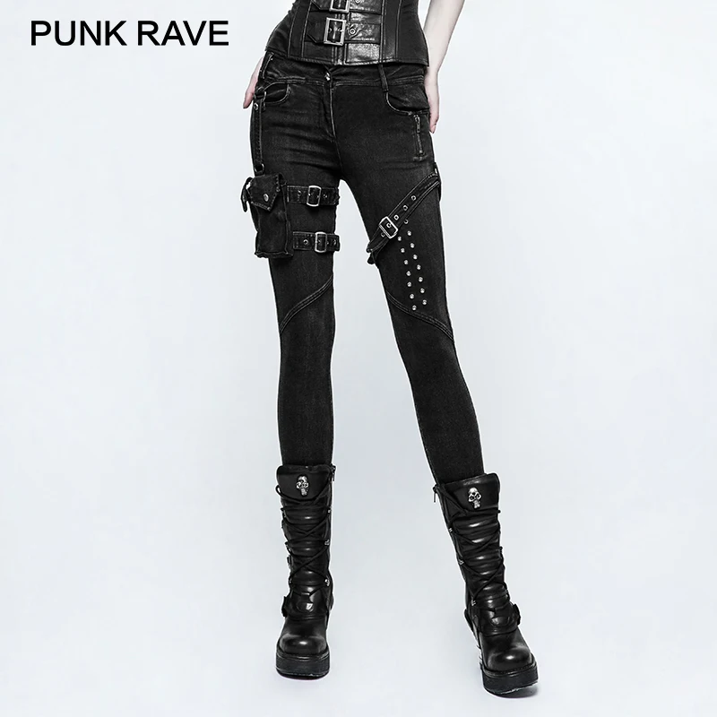 

PUNK RAVE 2017 New Big Trousers Pocket Rivet Button Belt Punk Rock Jeans Lady Skinny with High Waist Black Denim Pants for Women