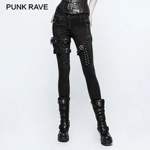 купить! PUNK RAVE 2017 Новые Большие Брюки Карманные Заклепки Кнопки Пояса Панк-Рок Джинсы Леди Узкие с Высо Лучший