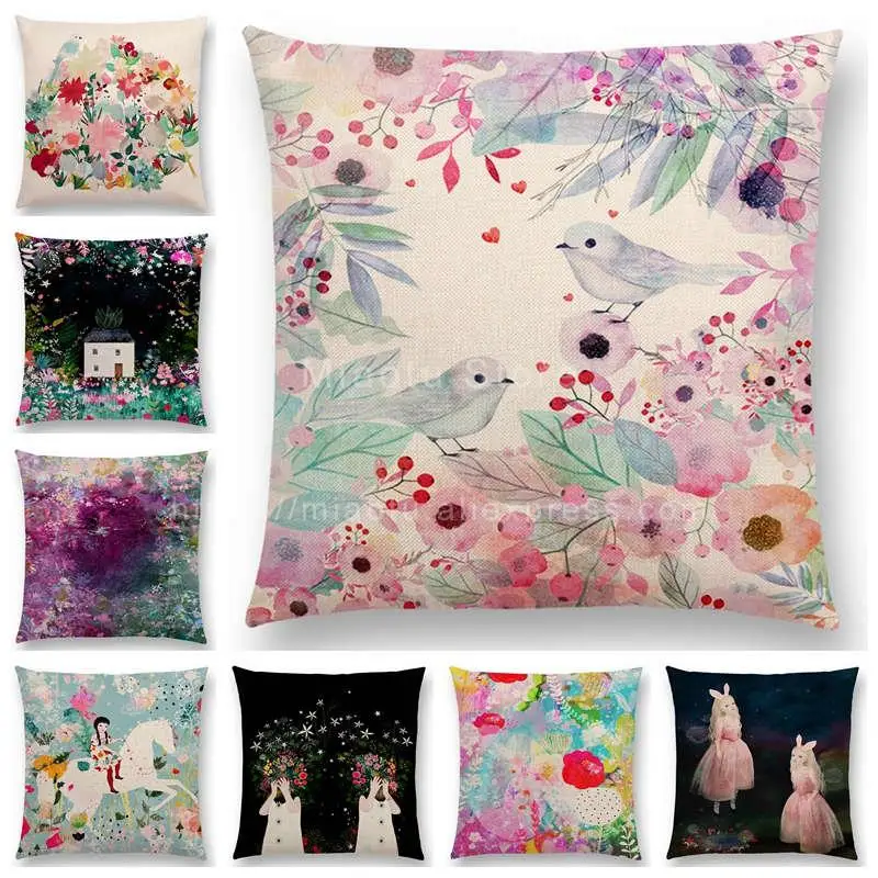 

Newest Little Girl Cushion Cover Floral Pattern Dreamy Garden Fantasy Night Sofa Pillow Case For Girls