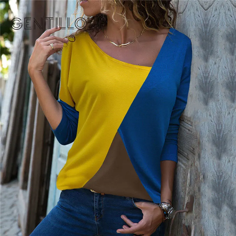 

Long Sleeve Shirt Women 2019 Casual Skew Collar Patchwork Shirt Slim Office Lady Shirts Basic Tops Tee Blusas 2XL Plus Size