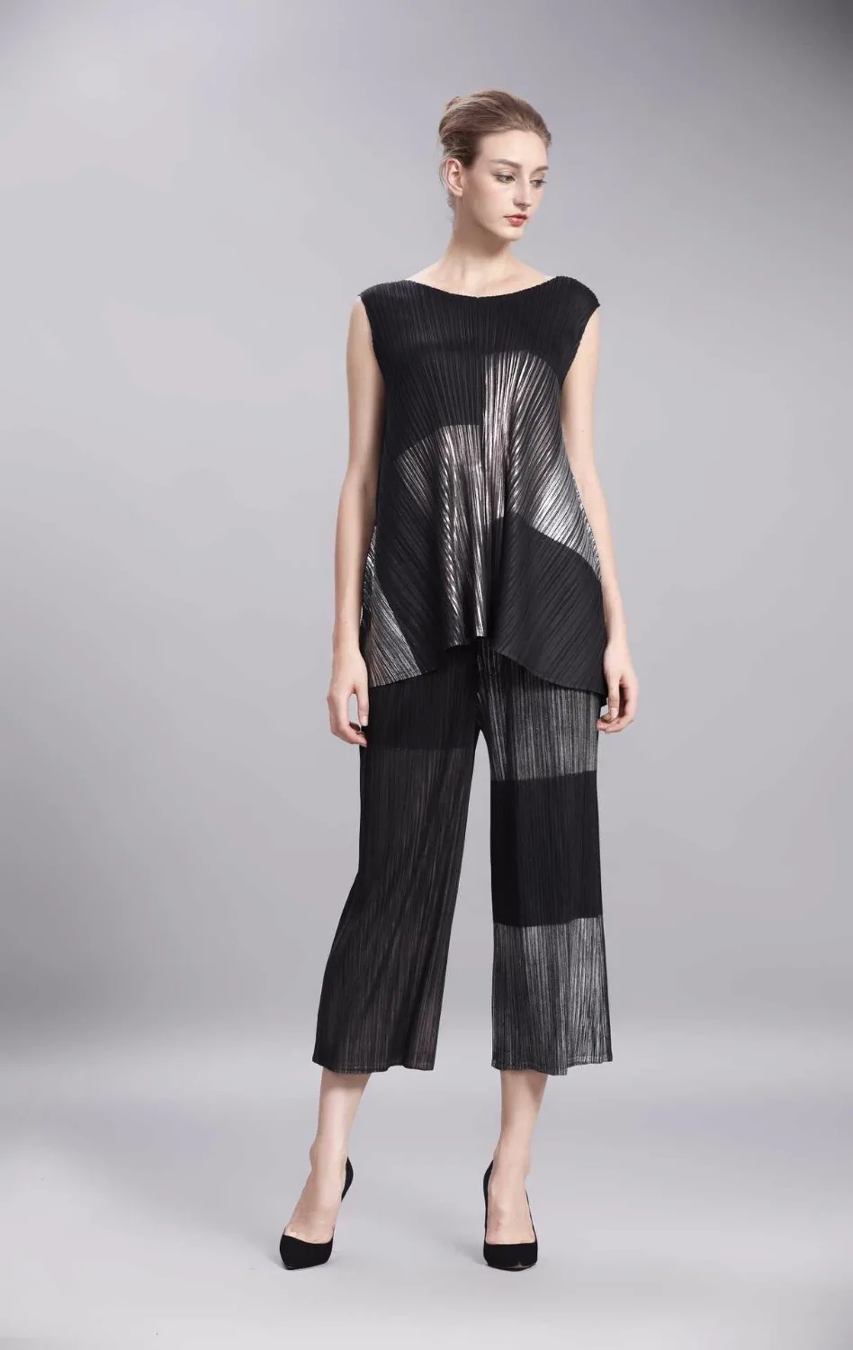 Miyake fold/осенний комплект из бронзовой футболки, большой жилет без рукавов с оборками+ Широкий