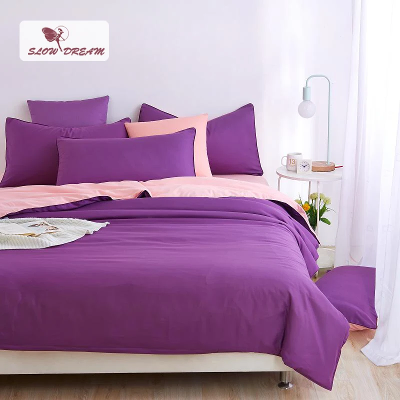 

SlowDream Purple Solid Color Bedding Set 3/4PCS Bed Flat Sheet Double Bedspread Queen Size Adult Bed Set Japan Style Simple Set