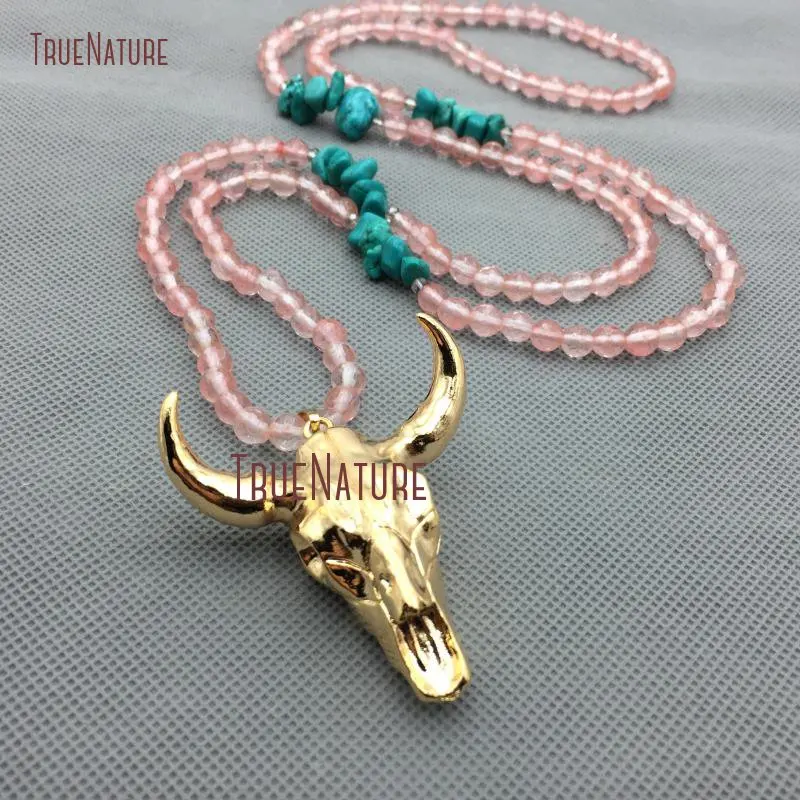 

Long Crystal Stone Full Gold Plating Resin Pendant Faceted Longhorn Cattle Necklace Women Jewelry Design Fashion NM4314