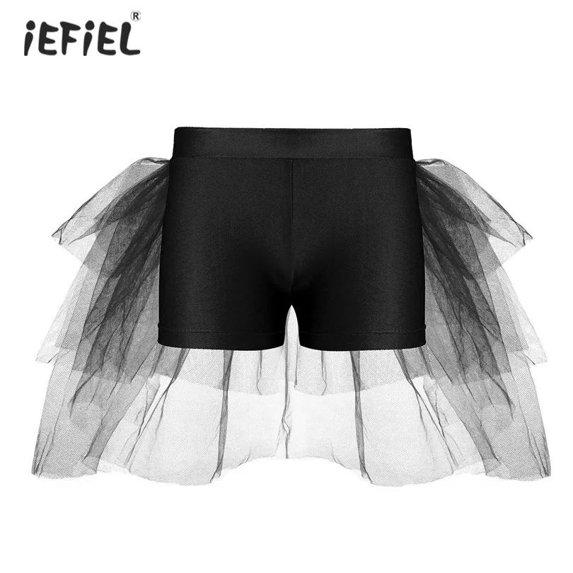 

iEFiEL 2018 New Kids Girls Slim Fit Shorts Bottoms with Attached Bustle Tiered Mesh for Ballet Dance Stage Performance SZ 3-12