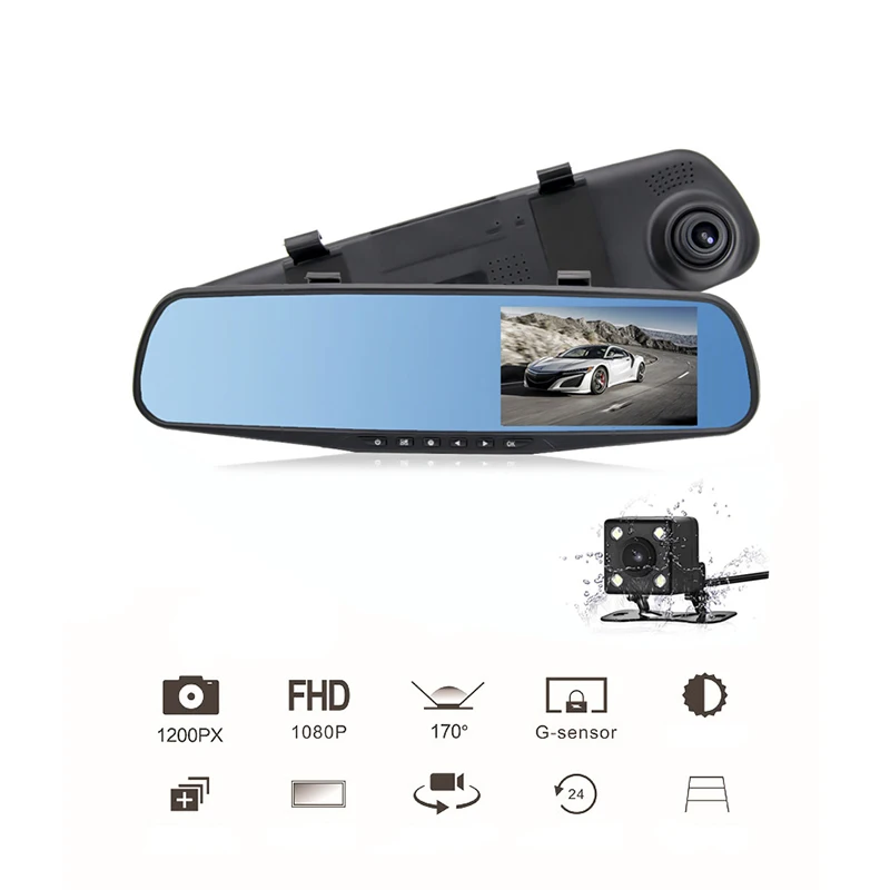 

4.3 Inch Car Rearview Mirror Video Monitor Rear View Camera Built-In Speaker Cycle Recording HD Dual Lens Car DVR