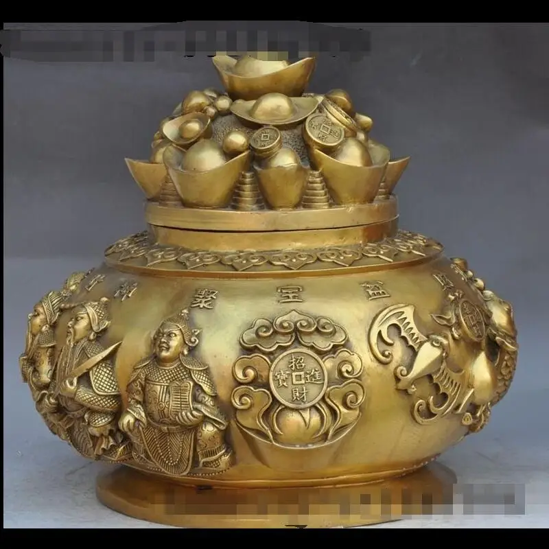 

zhaorui4884369+ +16"China Brass Wealth Yuanbao 5 Mammon Fish Treasure Bowl statue incense Burner