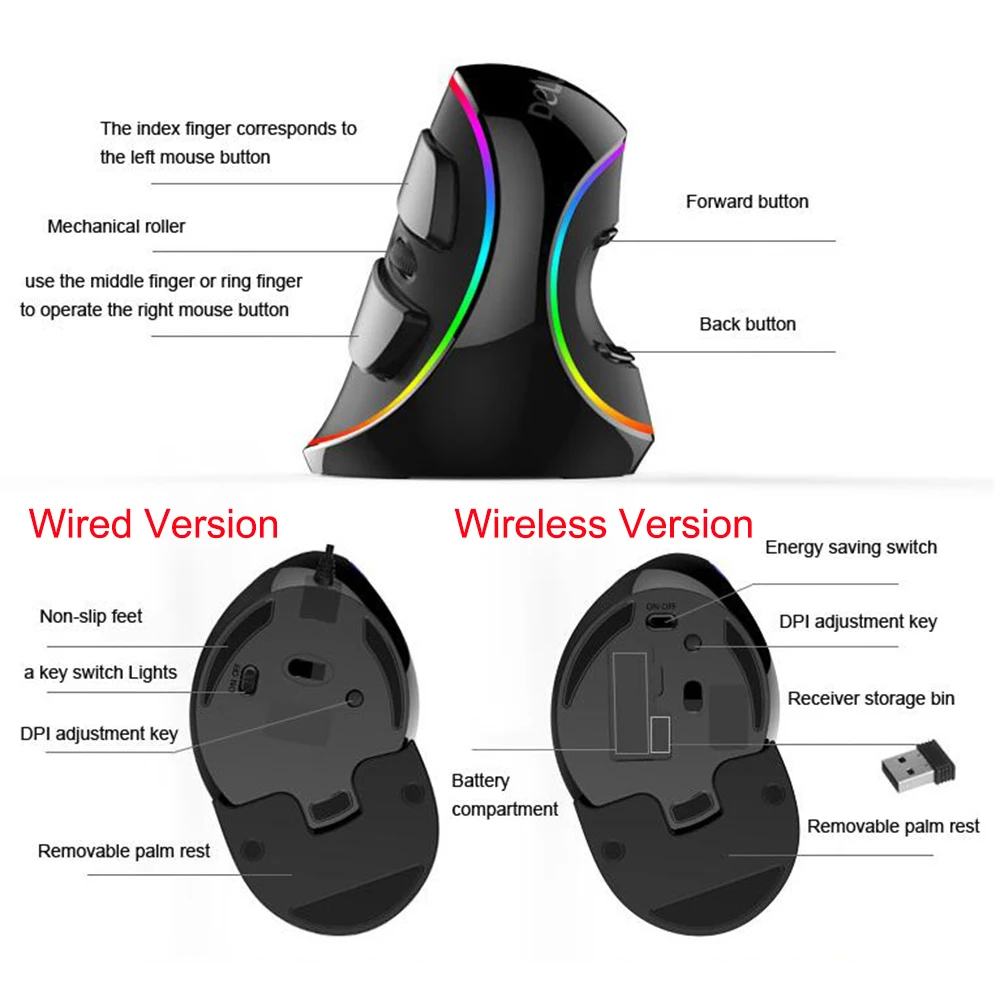 Delux M618 Plus RGB Wired Vertical Mouse Ergonomic USB 4000 DPI Optical Wrist Rest Wireless Game Mi