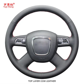 

Top Layer Genuine Cow Leather Car Steering Wheel Covers Case for Audi A4 B7 B8 A6 C6 A8 2009 Q7 Q5 (2008-2012) Black