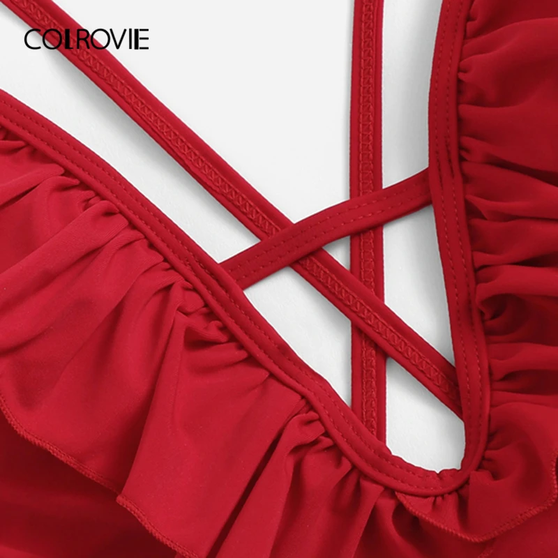 COLROVIE الأحمر الكشكشة V الرقبة كريسس الصليب عارية الذراعين مثير قطعة واحدة ملابس السباحة ارتداءها النساء Monokinis 2019 لباس سباحة بحر