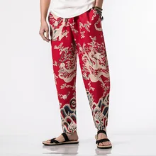 Китайский стиль ретро мужские летние новые с принтом дракона повседневные брюки мужские свободные большие размеры льняные пляжные брюки для путешествий