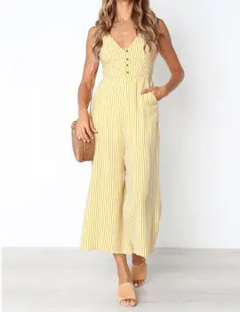 

Boho Striped v neck sexy jumpsuit women casual Button jumpsuit romper 2019 Loose vintage summer jumpsuit Beach wide leg overalls