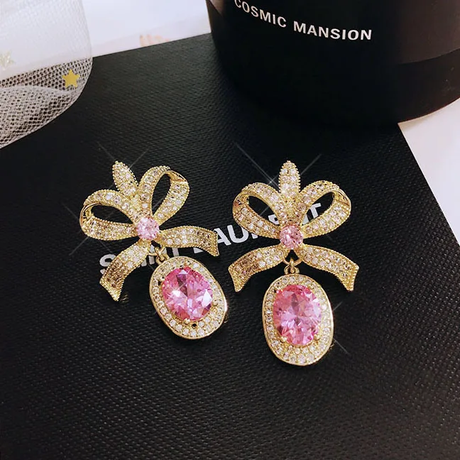 Роскошная Мода бант золотого цвета большой розовый кристаллический камень Висячие серьги для женщин хит цвет ювелирные изделия в стиле барокко кубический цирконий подарок
