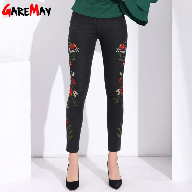 Garemay Stretch Women Jeans With Embroidery Capri Black High Waisted Jeans Plus Size Floral Pants Womens Denim Pants Woman Garemay Stretch Women Jeans With Embroidery Capri Black High Waisted Jeans Plus Size Floral Pants Womens Denim Pants Woman