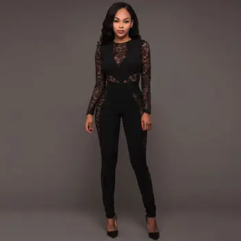 

Long Sleeve Jumpsuit Women Clubwear Summer Playsuit Bodycon Party Lace Top Rompers Womens Black Trousers Long Pants