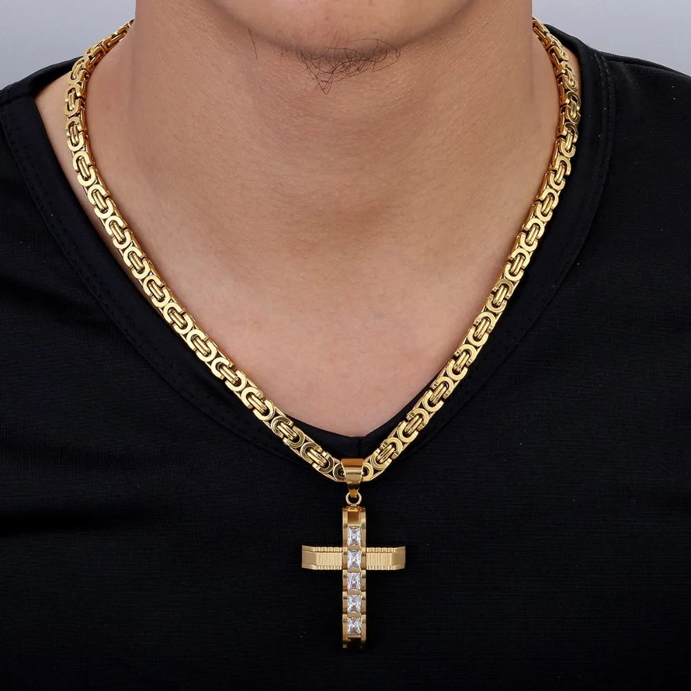 Мужское ожерелье с крестом, золото, серебро, черный, нержавеющая сталь, византийская цепочка, ожерелье, мужские ювелирные изделия, Прямая поставка, подарки для мужчин, KPM86