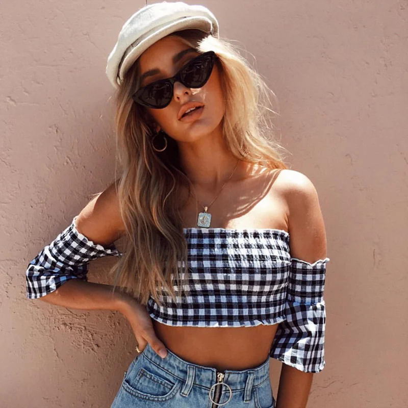 

Flare Sleeve Slash Neck Off Shoulder Short Casual T Shirt Women Summer Tops For Women 2019 Backless Half Sleeve Crop Top Elastic