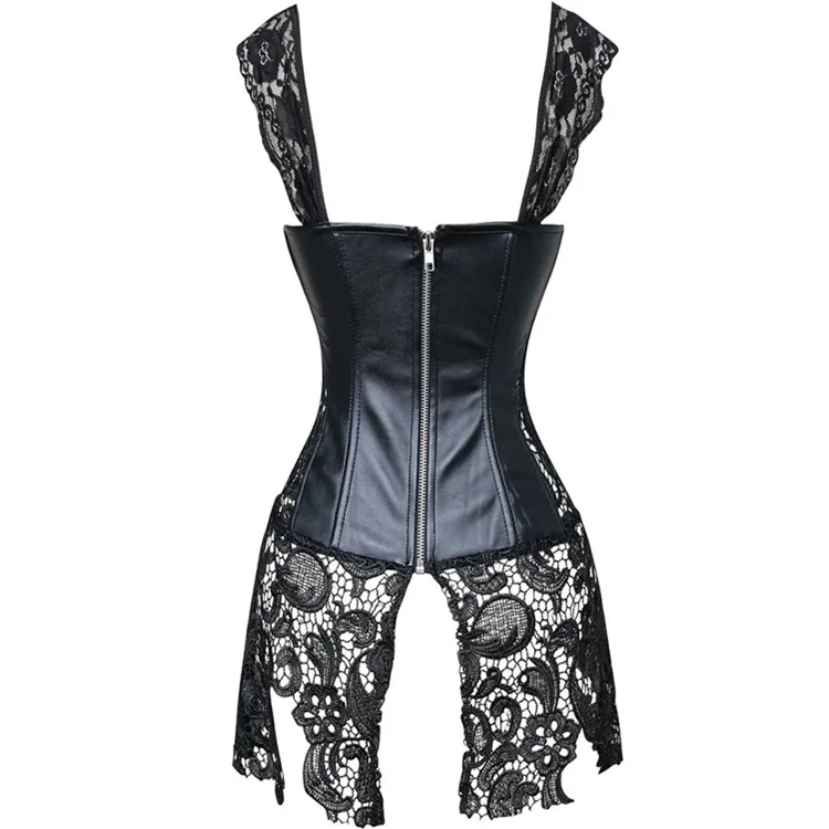 Sexy Lingerie Women Black Faux Leather&Lace Burlesque Steampunk Corset Dress Waist Gothic Bustier Corpet Plus Size