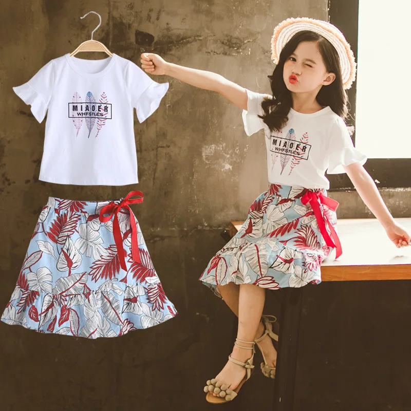 Детский костюм комплект одежды для девочек-подростков, Летняя короткая футболка с цветочным принтом и штаны, костюм спортивный костюм для девочек комплект одежды для детей 8, 10, 12 лет