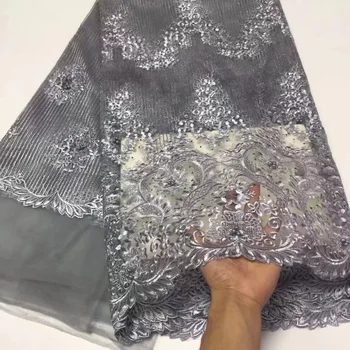 

Grey Pink lace fabric 2019 high quality lace nigerian lace fabric for women dress african tulle lace with beads 5yards per piece