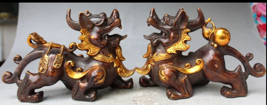 

10" China Bronze Gilt Feng Shui Bottle Gourd Wealth Money Pixiu Pair Statue
